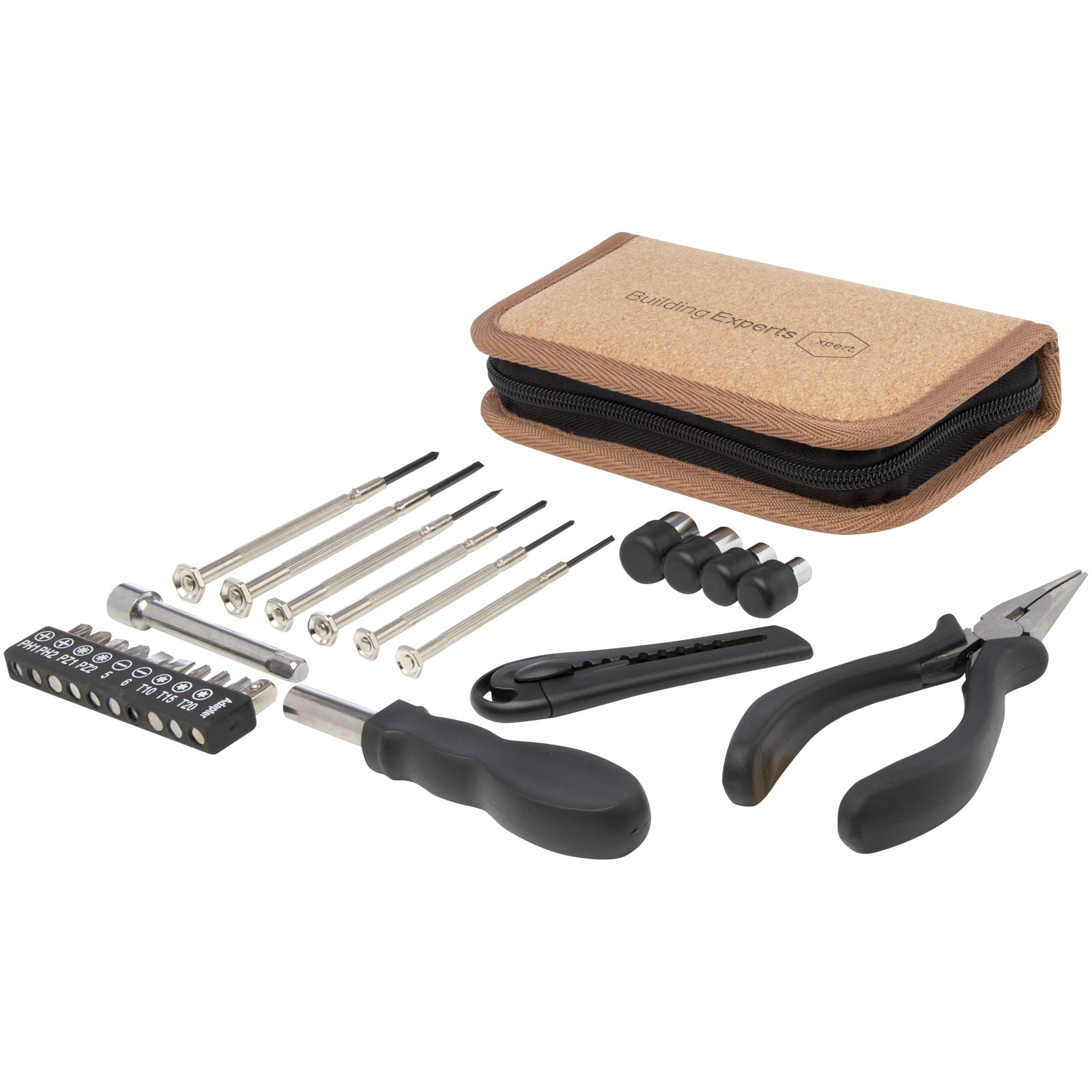 Set de herramientas de plástico reciclado con certificación RCS de 24 piezas con funda de corcho Spike