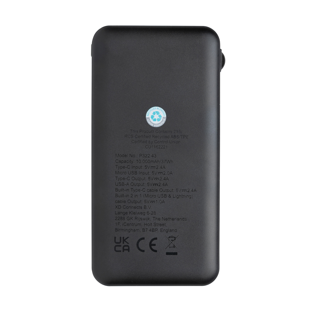 Powerbank RCS plástico reciclado 10.000 mAh cable integrado