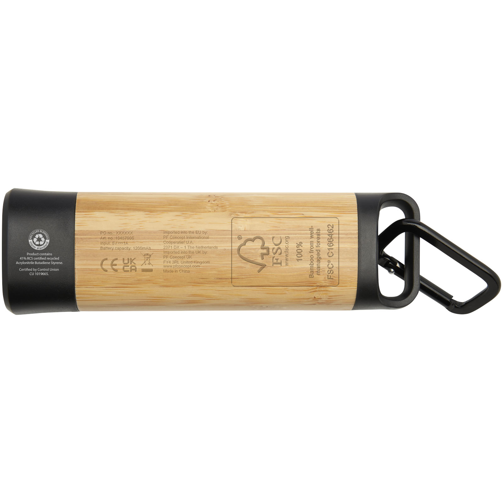 Linterna de plástico reciclado con mosquetón de bambú/RCS Kuma