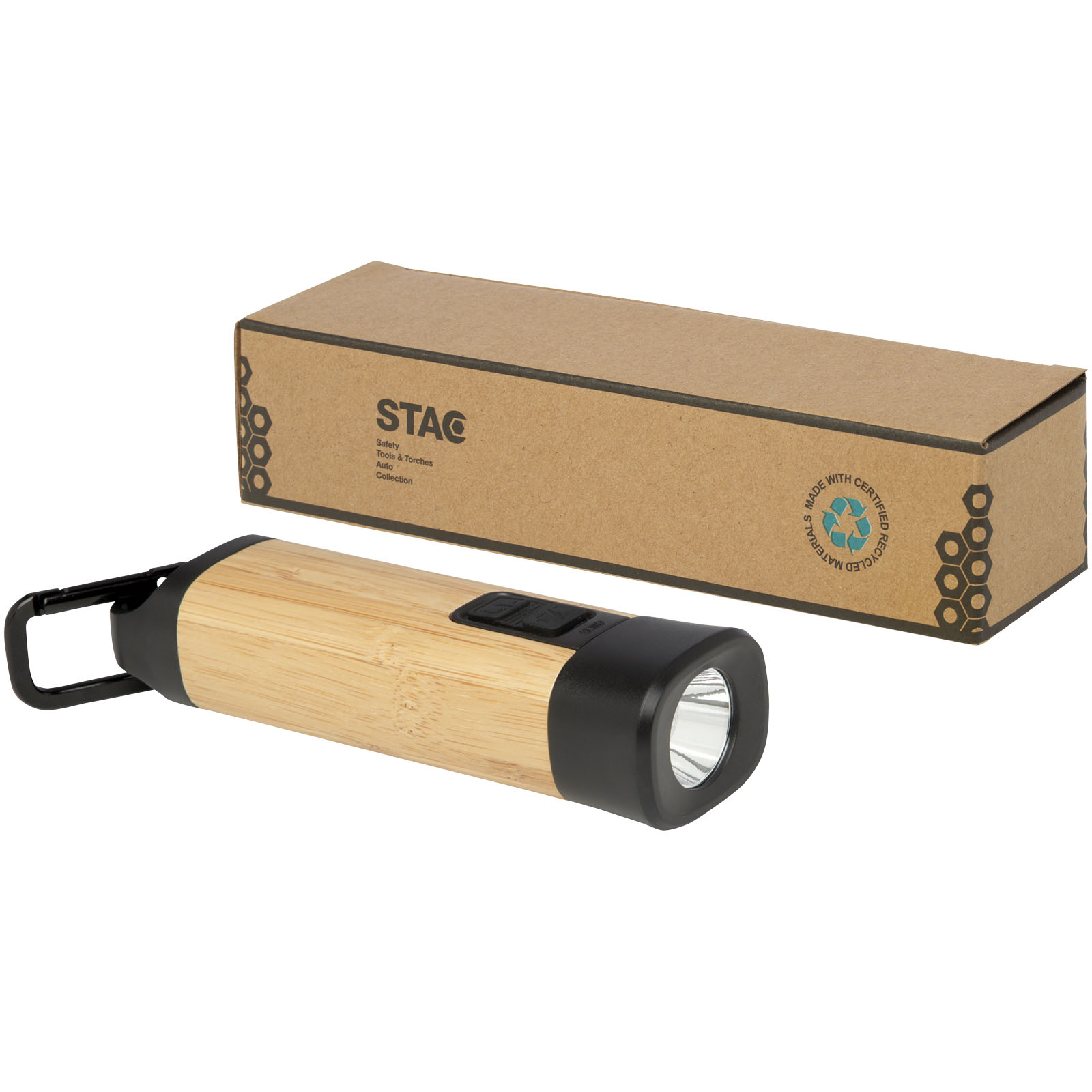 Linterna de plástico reciclado con mosquetón de bambú/RCS Kuma