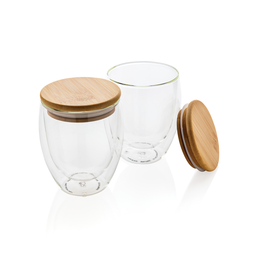 Vidrio de borosilicato de doble pared con tapa de bambú 250m