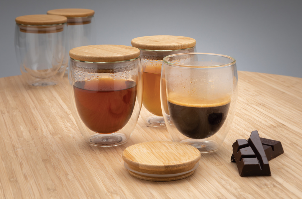 Vidrio de borosilicato de doble pared con tapa de bambú 250m