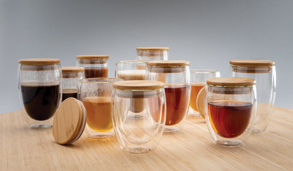 Vidrio de borosilicato de doble pared con tapa de bambú 250m
