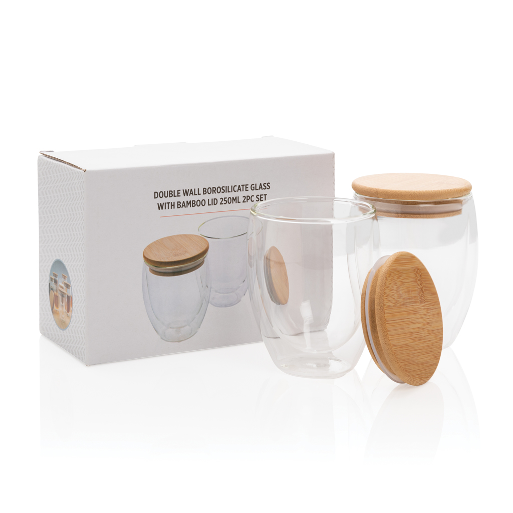 Vidrio de borosilicato de doble pared con tapa de bambú 250m