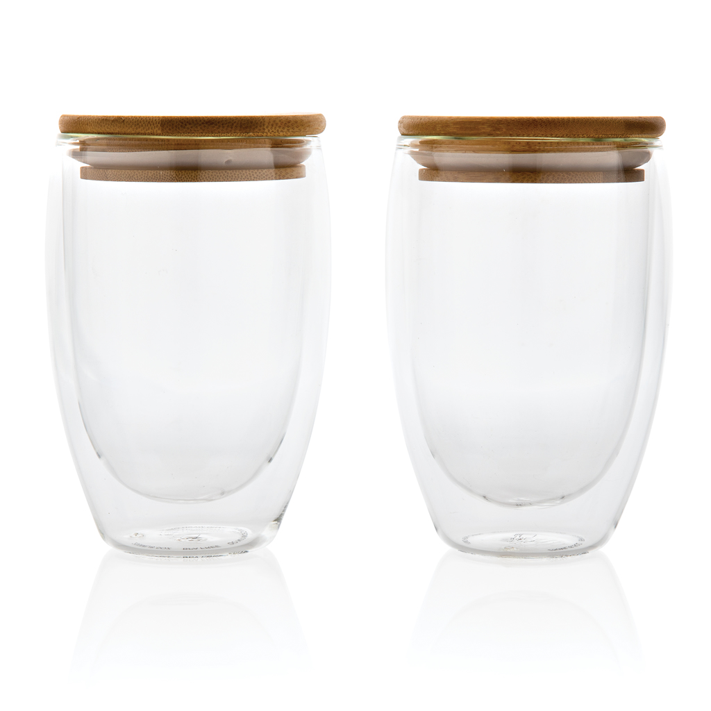Vidrio de borosilicato de doble pared y tapa bambú 350ml