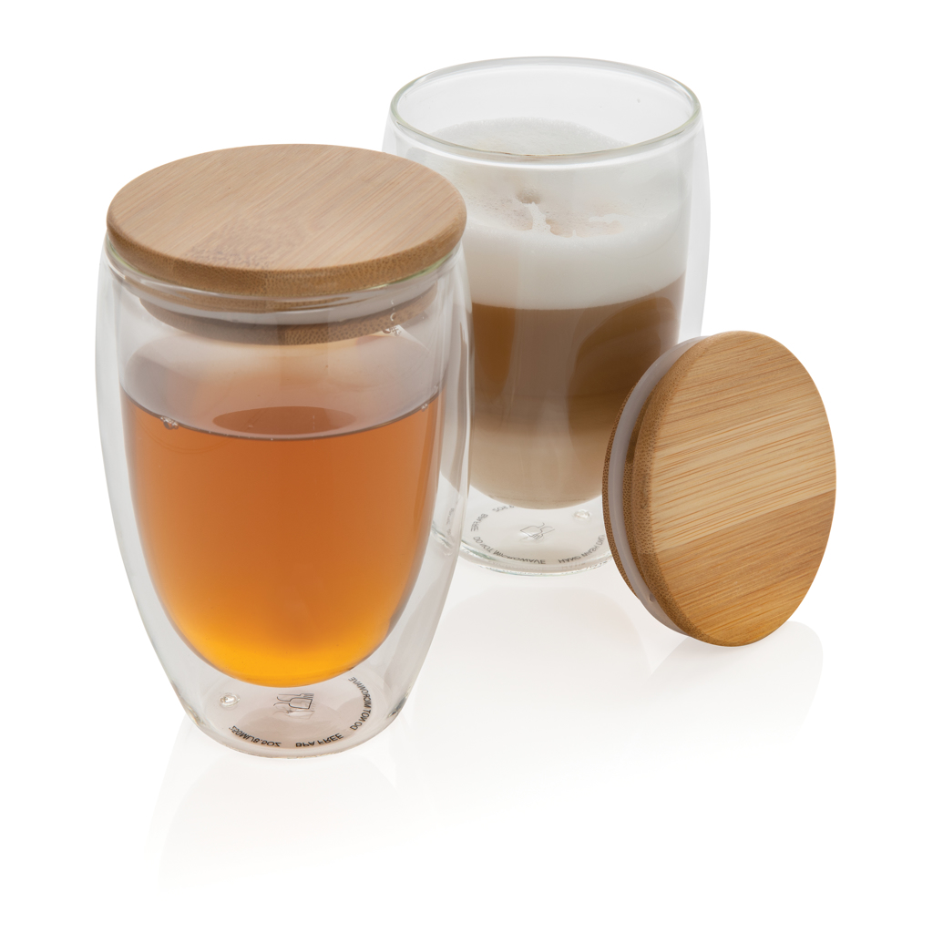 Vidrio de borosilicato de doble pared y tapa bambú 350ml