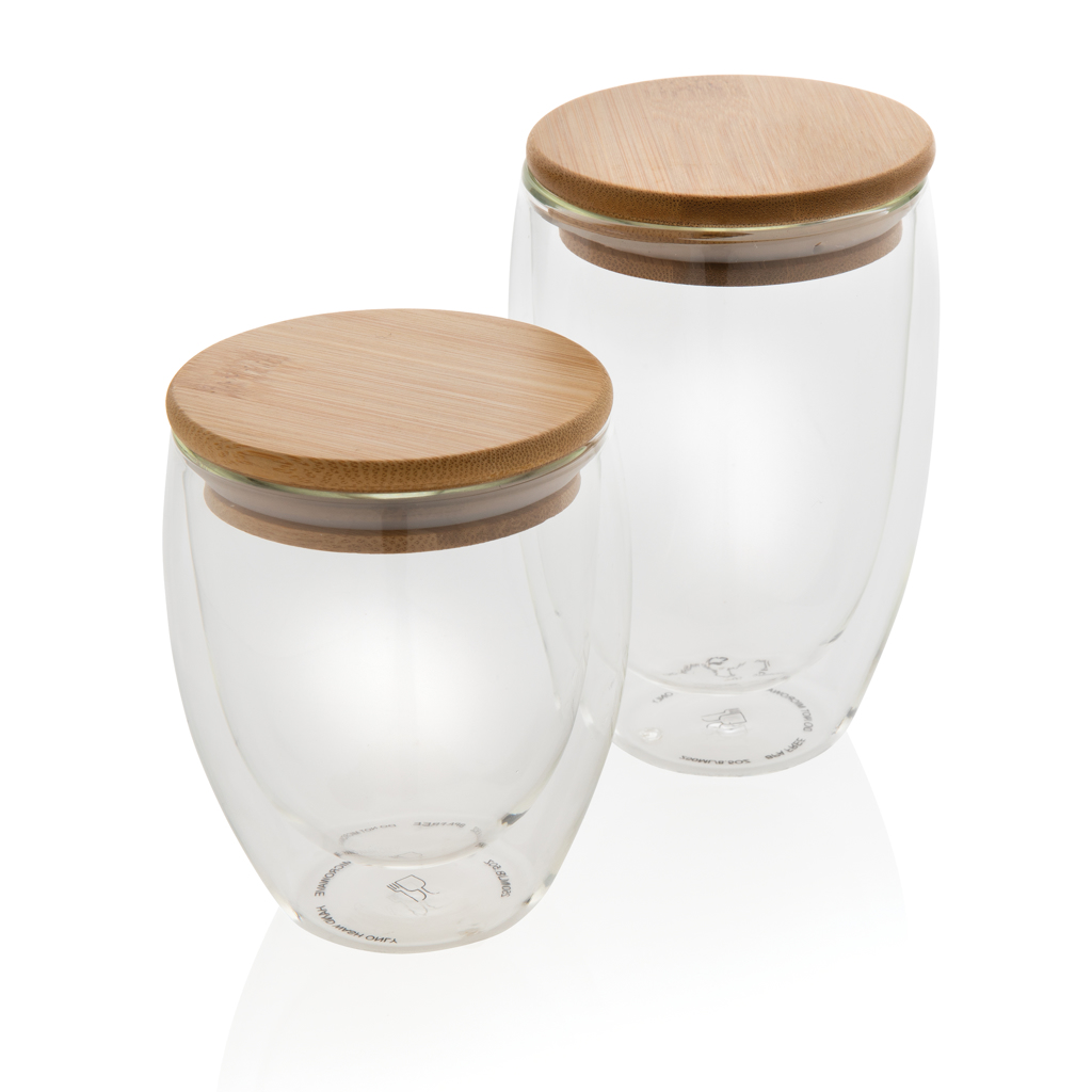 Vidrio de borosilicato de doble pared y tapa bambú 350ml