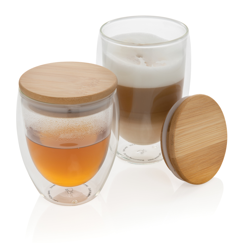 Vidrio de borosilicato de doble pared y tapa bambú 350ml