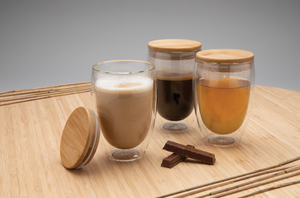 Vidrio de borosilicato de doble pared y tapa bambú 350ml