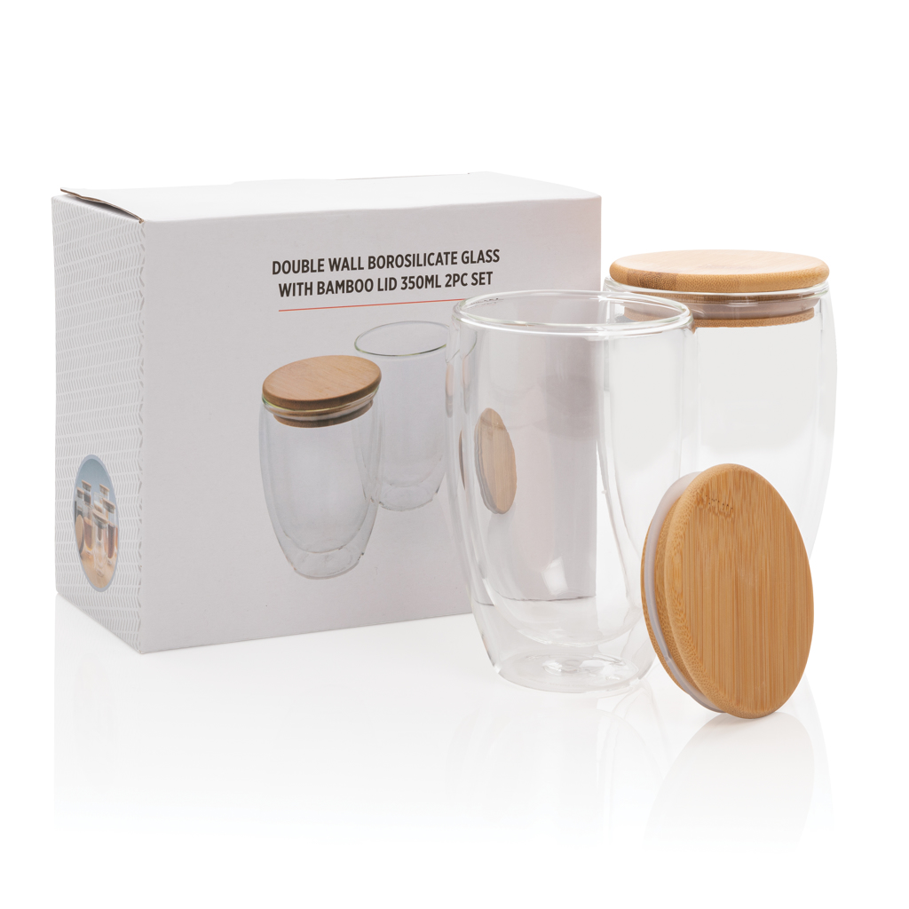 Vidrio de borosilicato de doble pared y tapa bambú 350ml