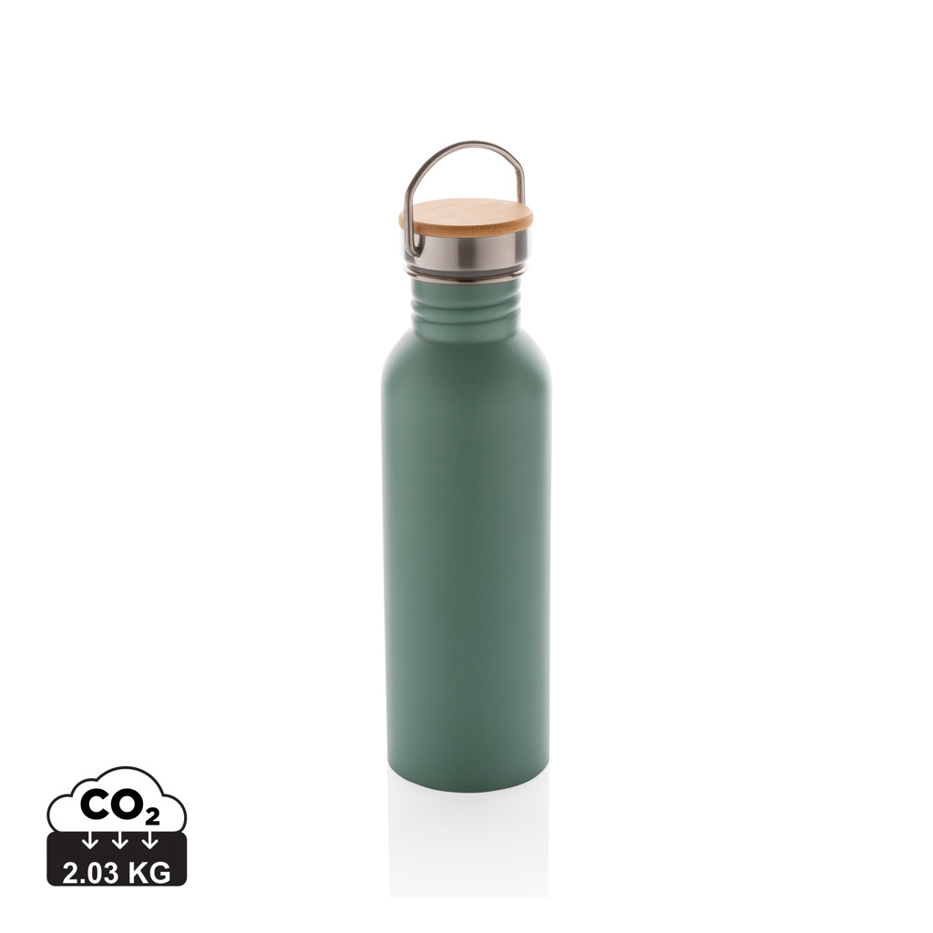Botella moderna de acero inoxidable con tapa de bambú.