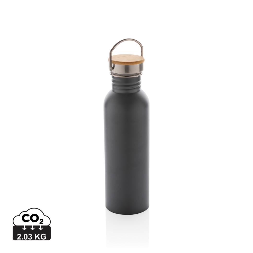 Botella moderna de acero inoxidable con tapa de bambú.