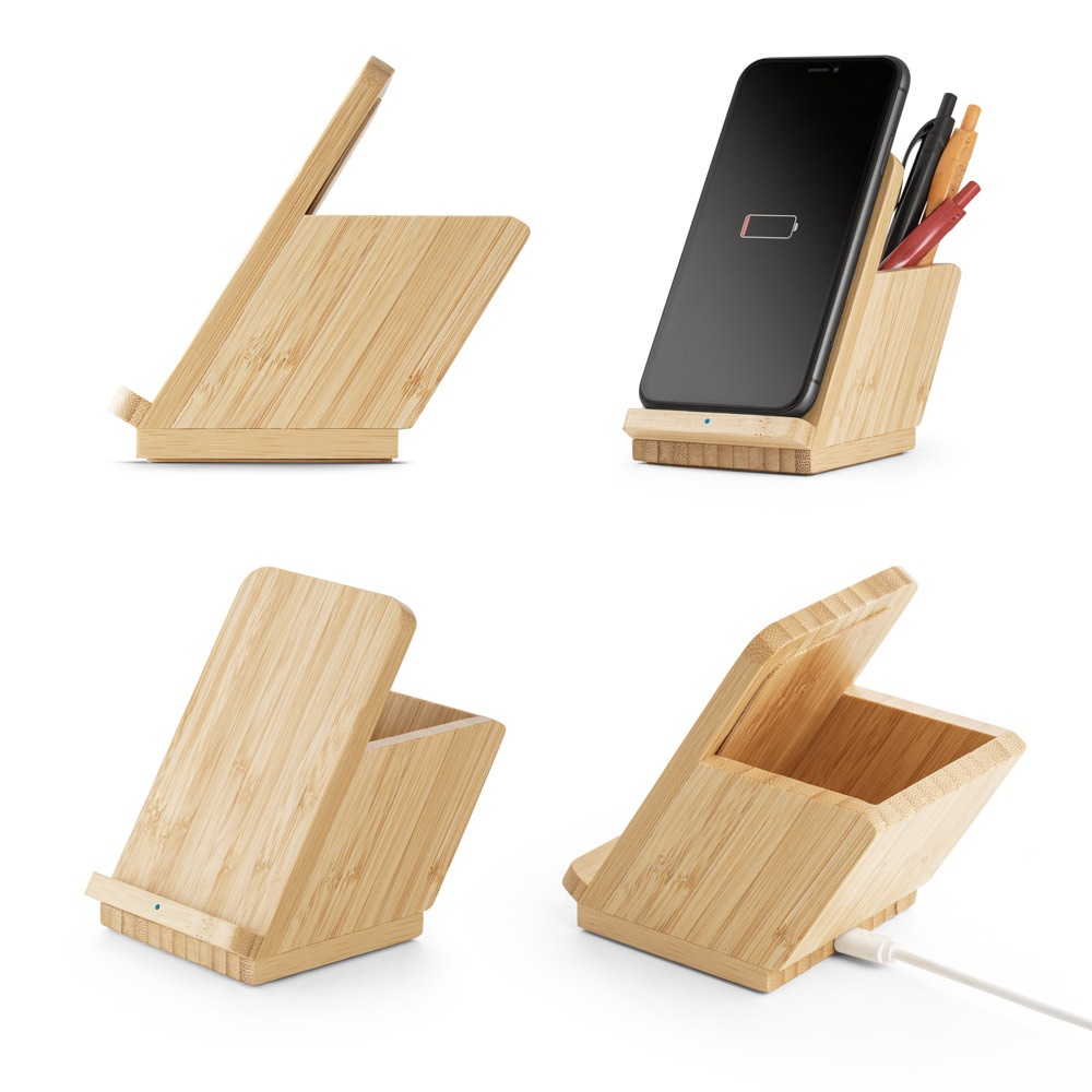 LEAVITT. Soporte para smartphone y porta bolígrafo con cargador inalámbrico rápido de 10 W en bambú