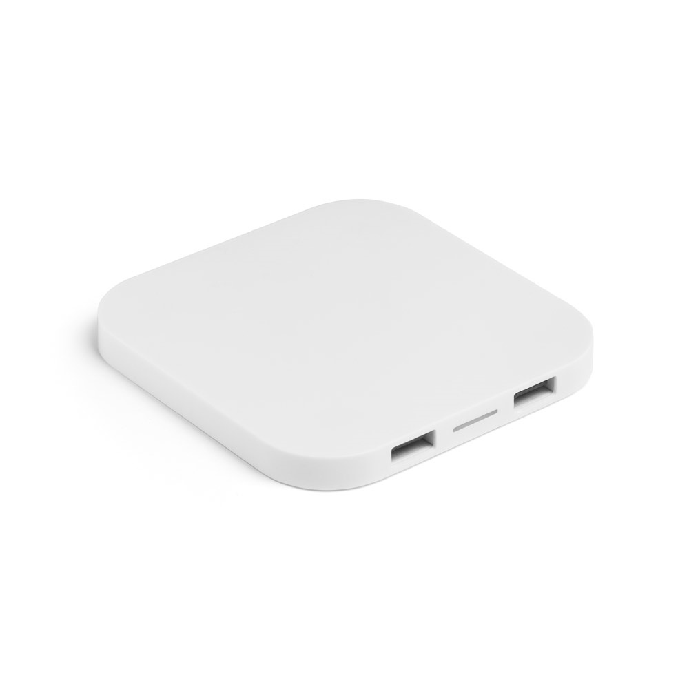 CAROLINE. Cargador inalámbrico superrápido de 15W con HUB 2 puertos USB-A, fabricado en ABS reciclado (100% rABS)