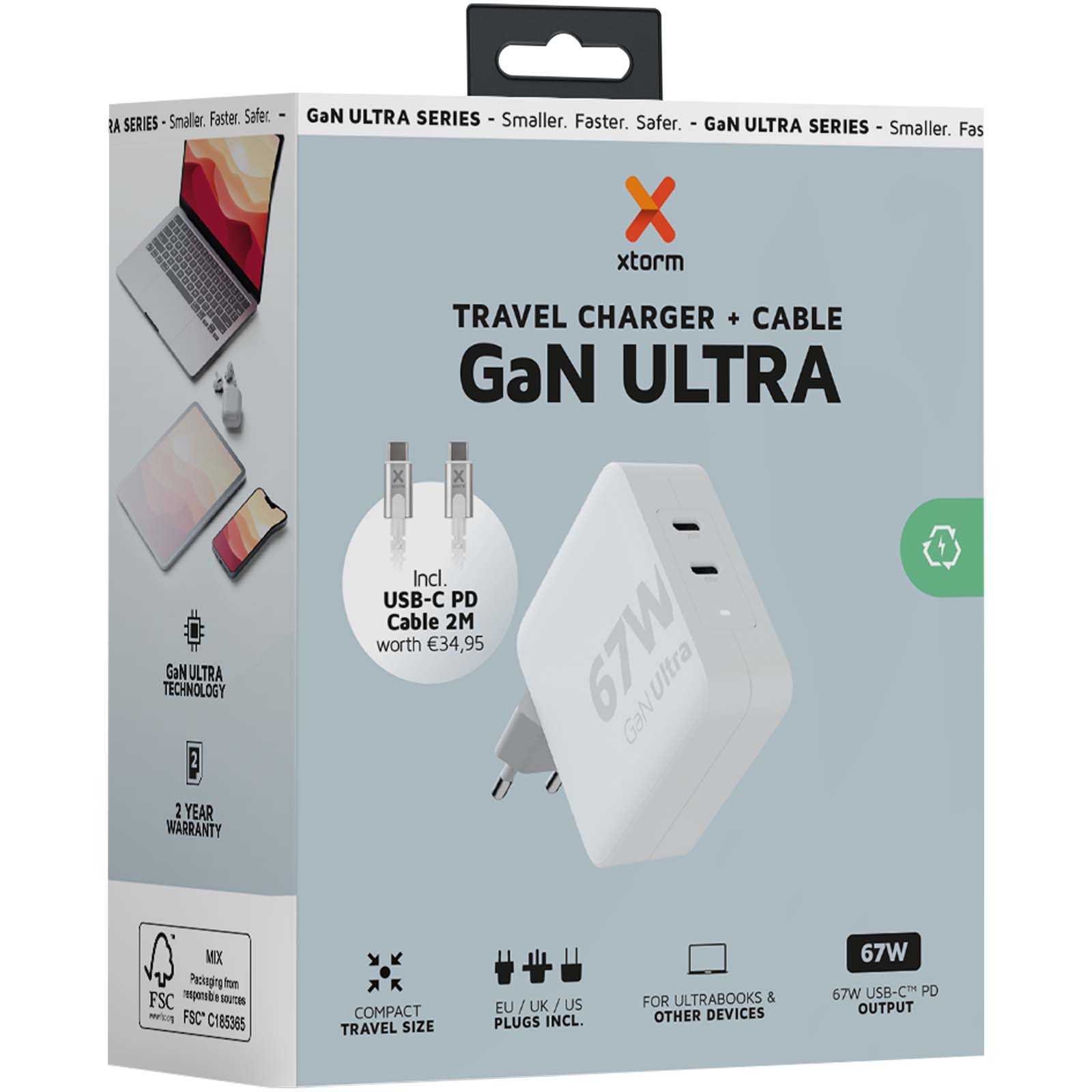 Cargador de viaje de 67 W con cable USB-C PD de 100 W Xtorm XVC2067 GaN Ultra