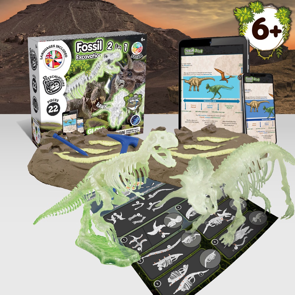 2 in 1 Fossil Excavation Kit II. Juego educativo suministrado con una bolsa de regalo de papel kraft (90 g/m²)