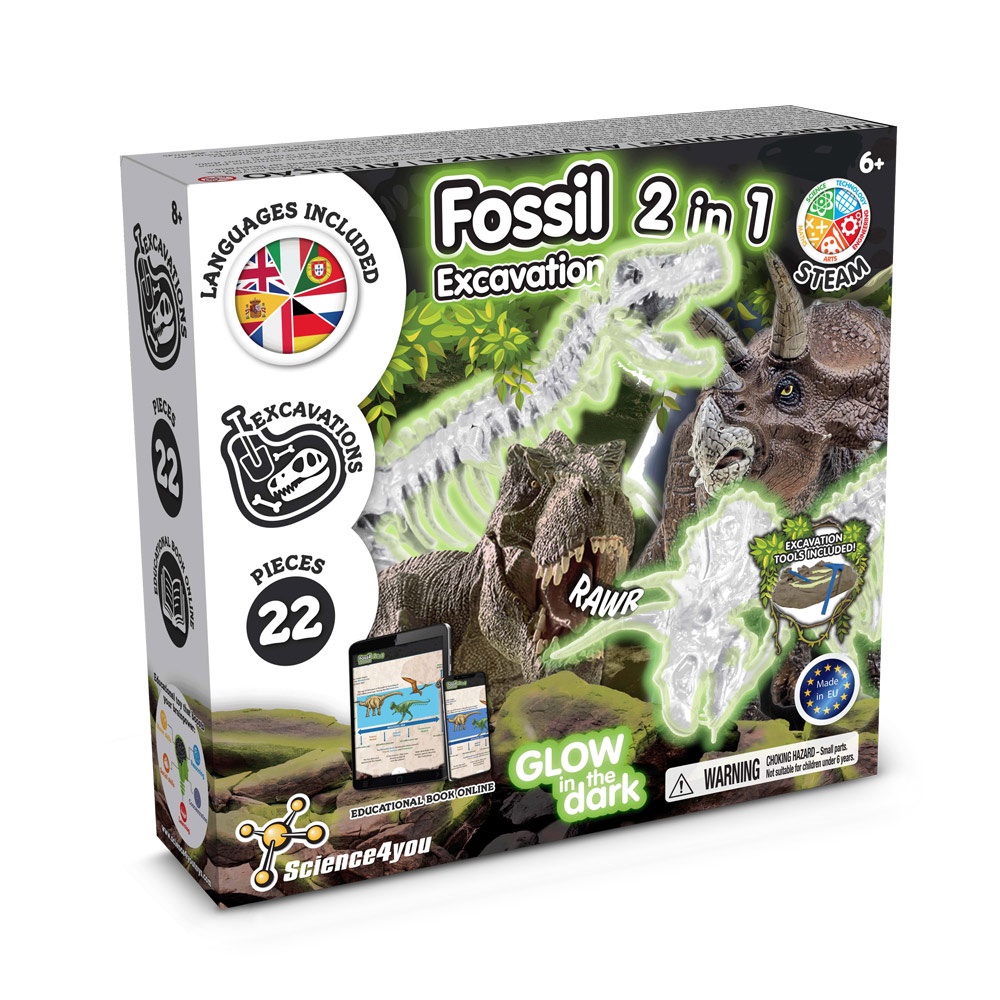 2 in 1 Fossil Excavation Kit II. Juego educativo suministrado con una bolsa de regalo de papel kraft (90 g/m²)
