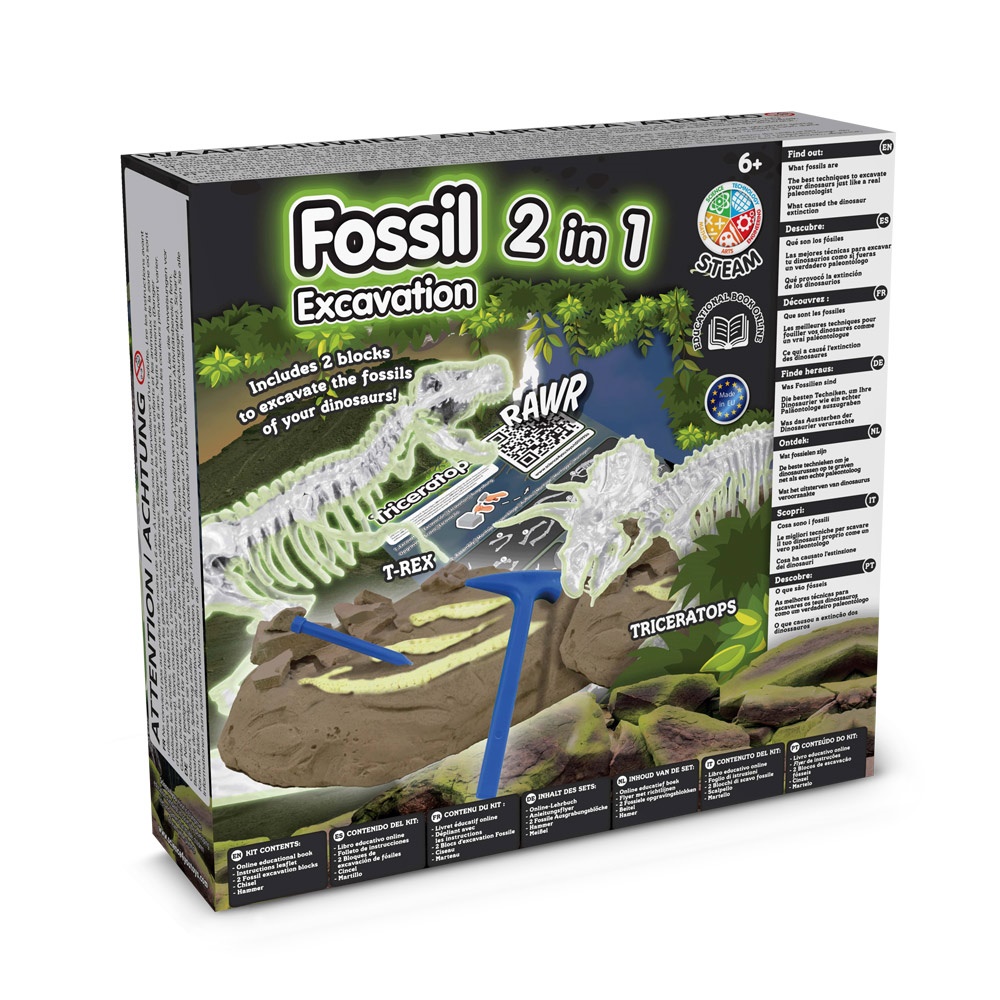 2 in 1 Fossil Excavation Kit II. Juego educativo suministrado con una bolsa de regalo de papel kraft (90 g/m²)