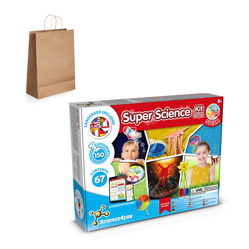 6 in 1 Super Science Kit III. Kit educativo suministrado con una bolsa de regalo de papel kraft (115 g/m²)