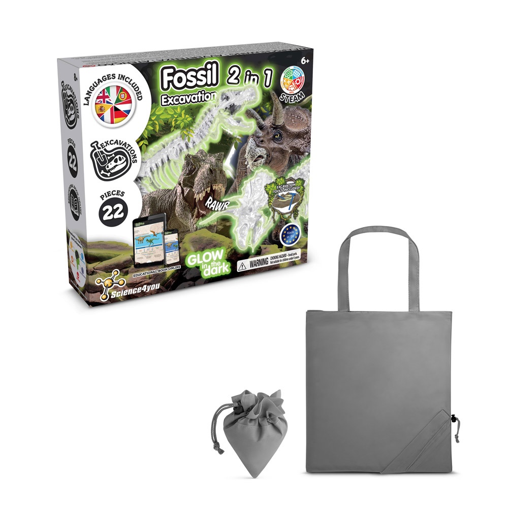 2 in 1 Fossil Excavation Kit V. Juego educativo suministrado con una bolsa de regalo plegable de 190T