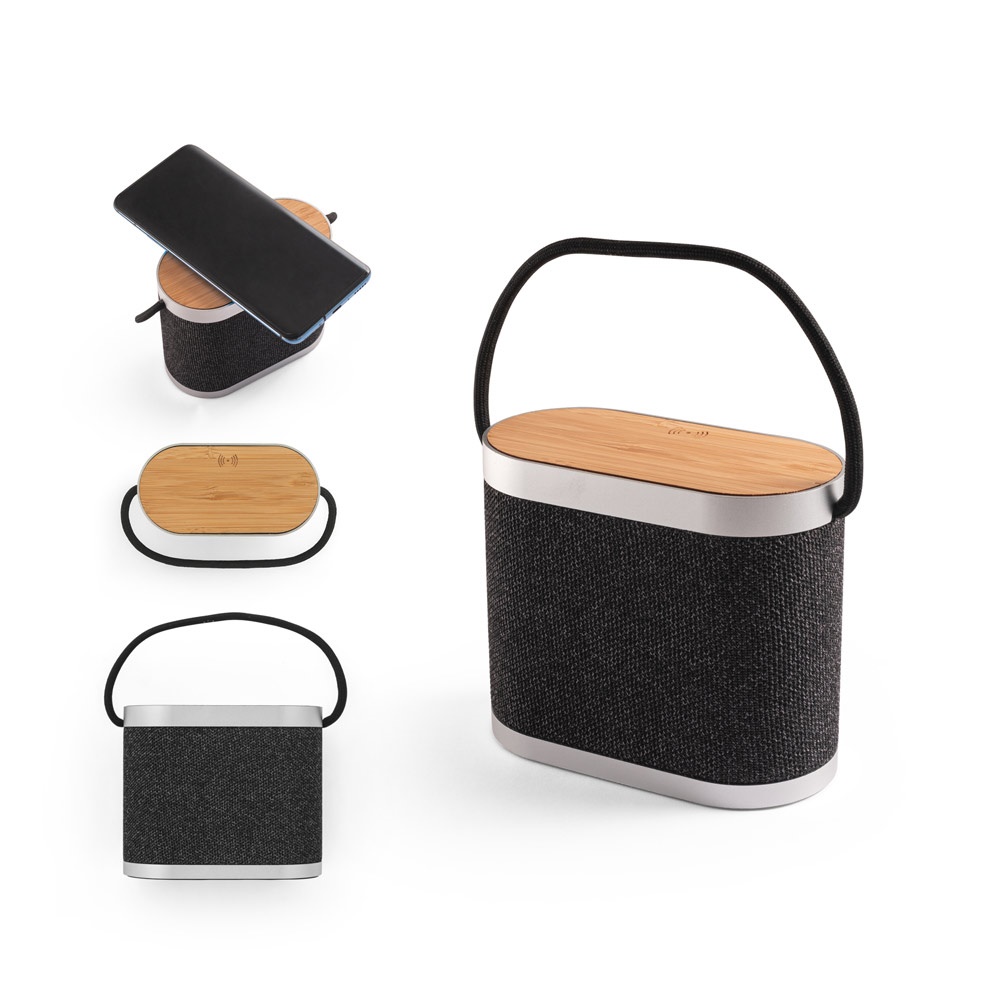 GUETTA. Altavoz portátil de 5 W con cargador inalámbrico ultrarrápido de 15 W y 2 h de duración de batería fabricado en bambú y PET reciclado (100% rPET)