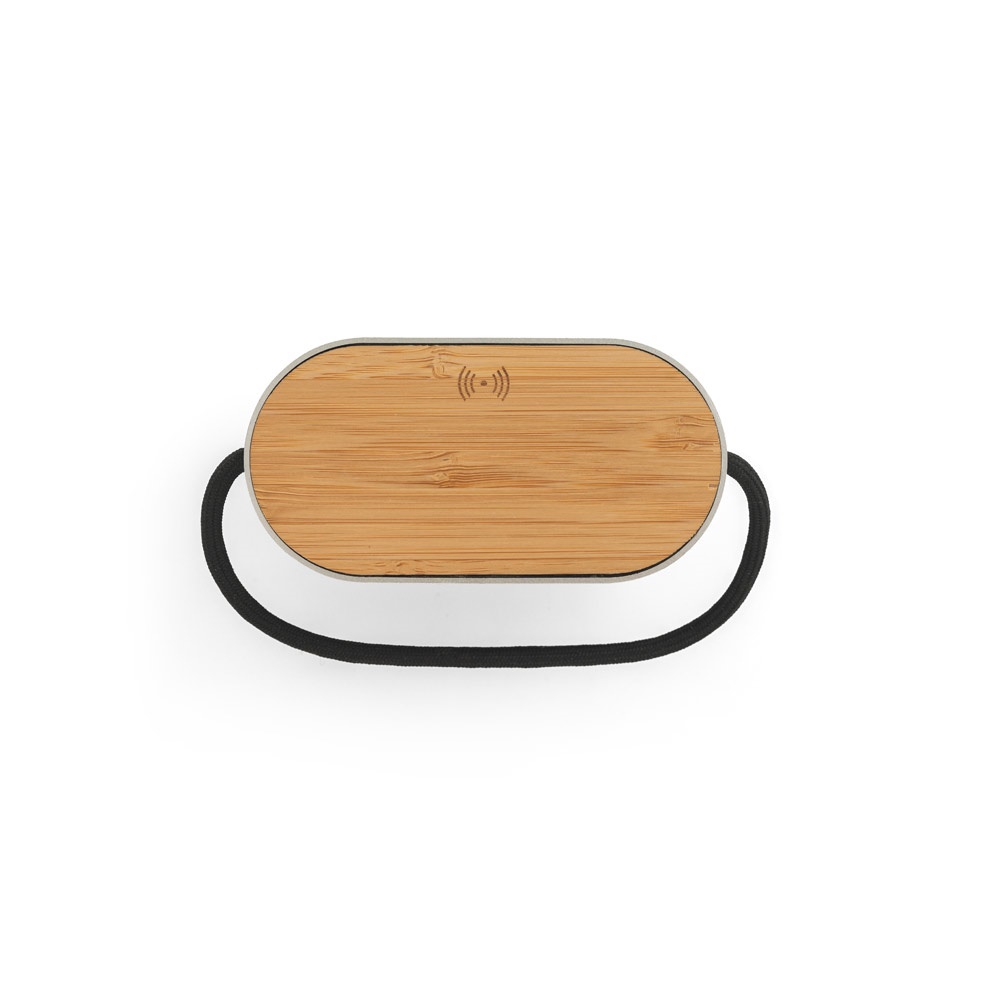 GUETTA. Altavoz portátil de 5 W con cargador inalámbrico ultrarrápido de 15 W y 2 h de duración de batería fabricado en bambú y PET reciclado (100% rPET)