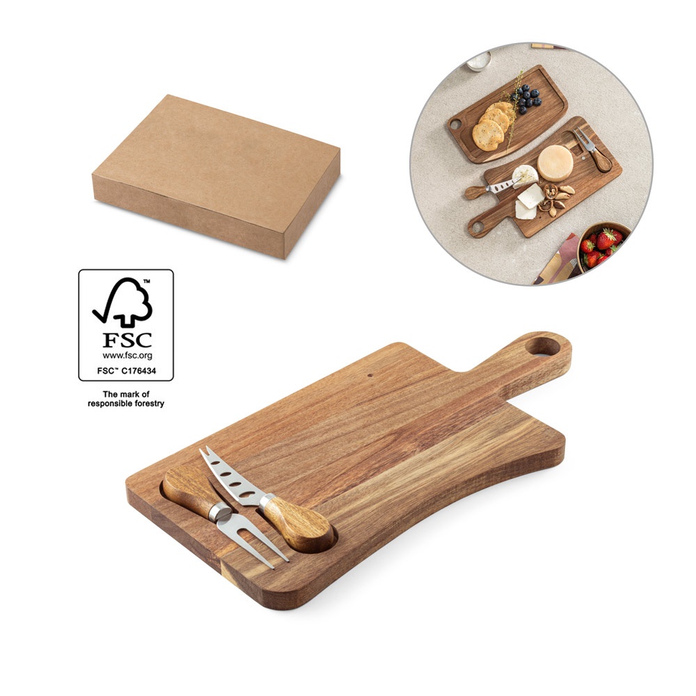 CASSIA. Tabla para quesos de madera de acacia con mango, fabricada con material certificado FSC™ y otros materiales controlados