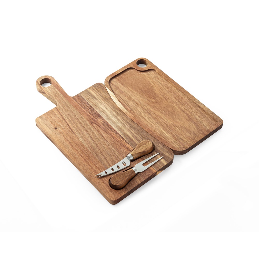 CASSIA. Tabla para quesos de madera de acacia con mango, fabricada con material certificado FSC™ y otros materiales controlados