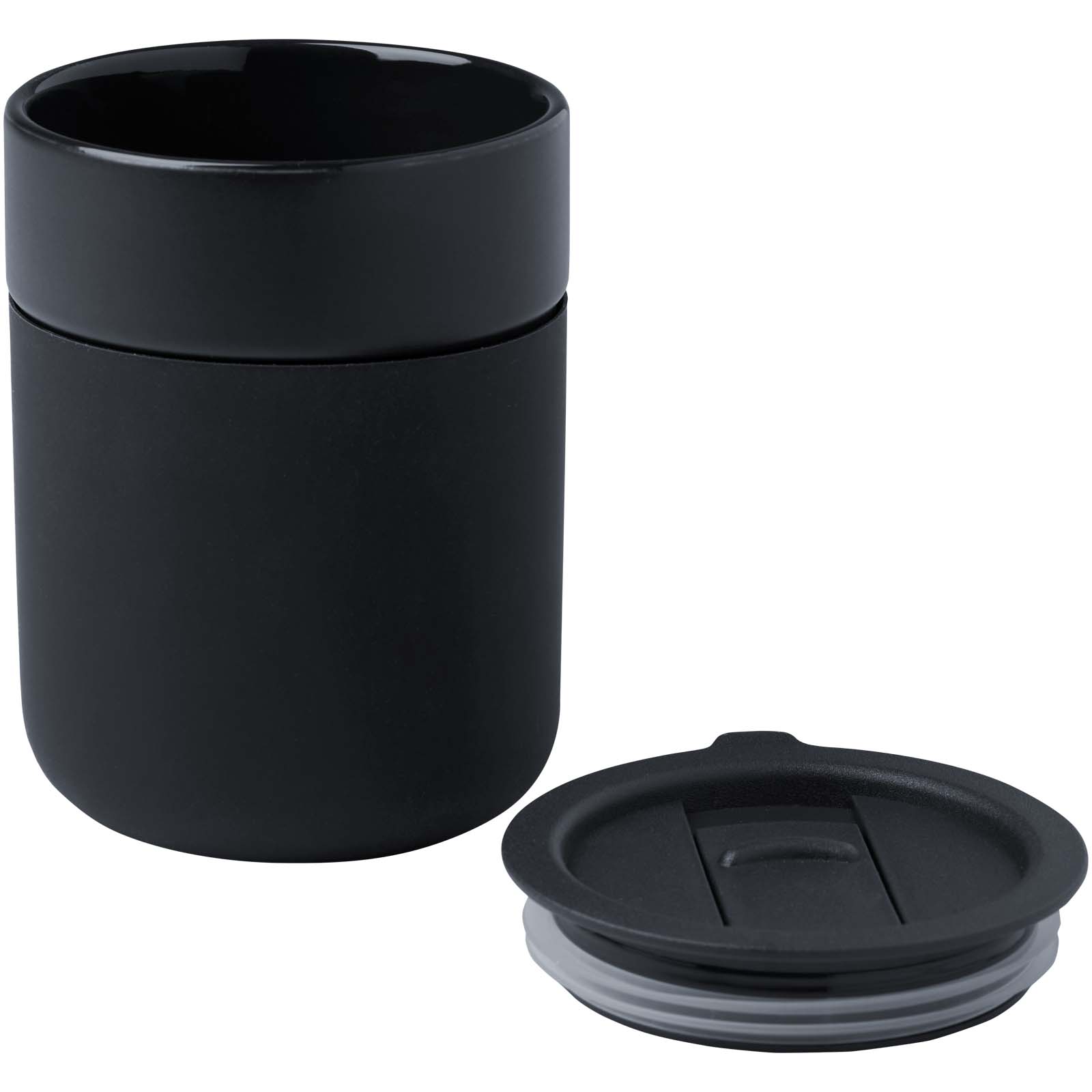 Vaso de cerámica de 330 ml con agarradero de silicona y tapa de plástico Java