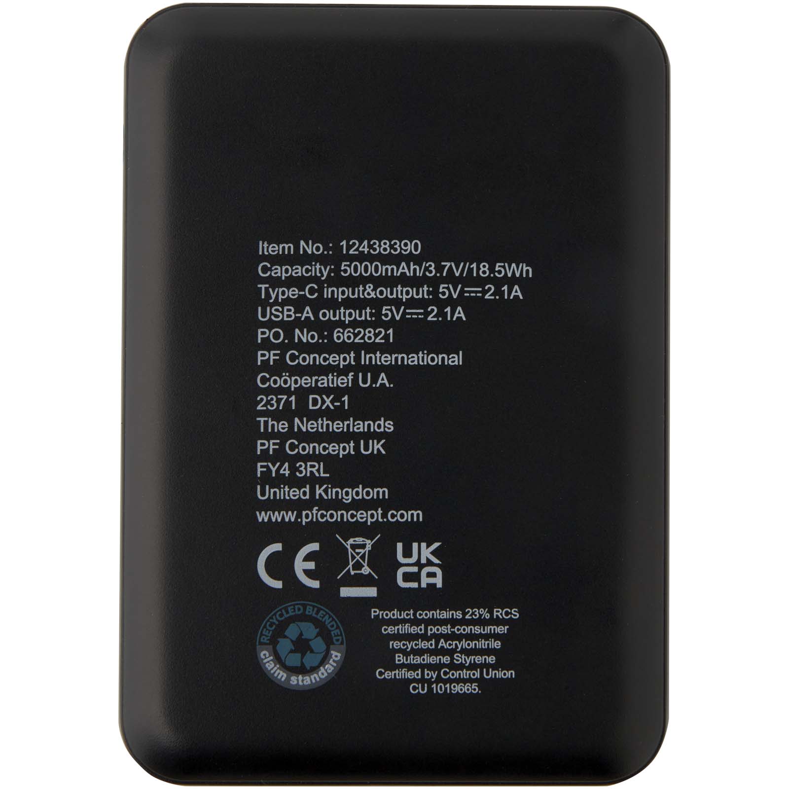 Batería externa tipo C de plástico reciclado de 5000 mAh Asama