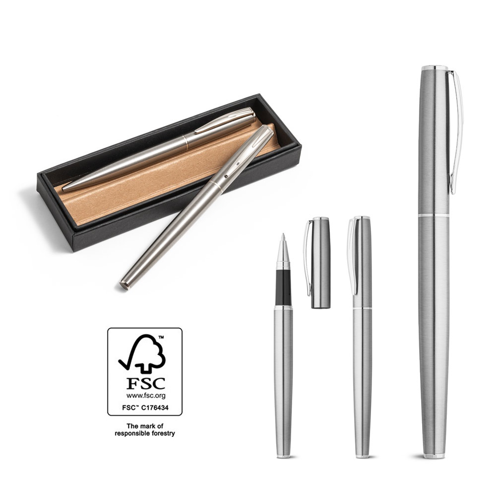 ELLA. Set de bolígrafo y roller con cuerpo de acero inoxidable (53% rSS) con clip
