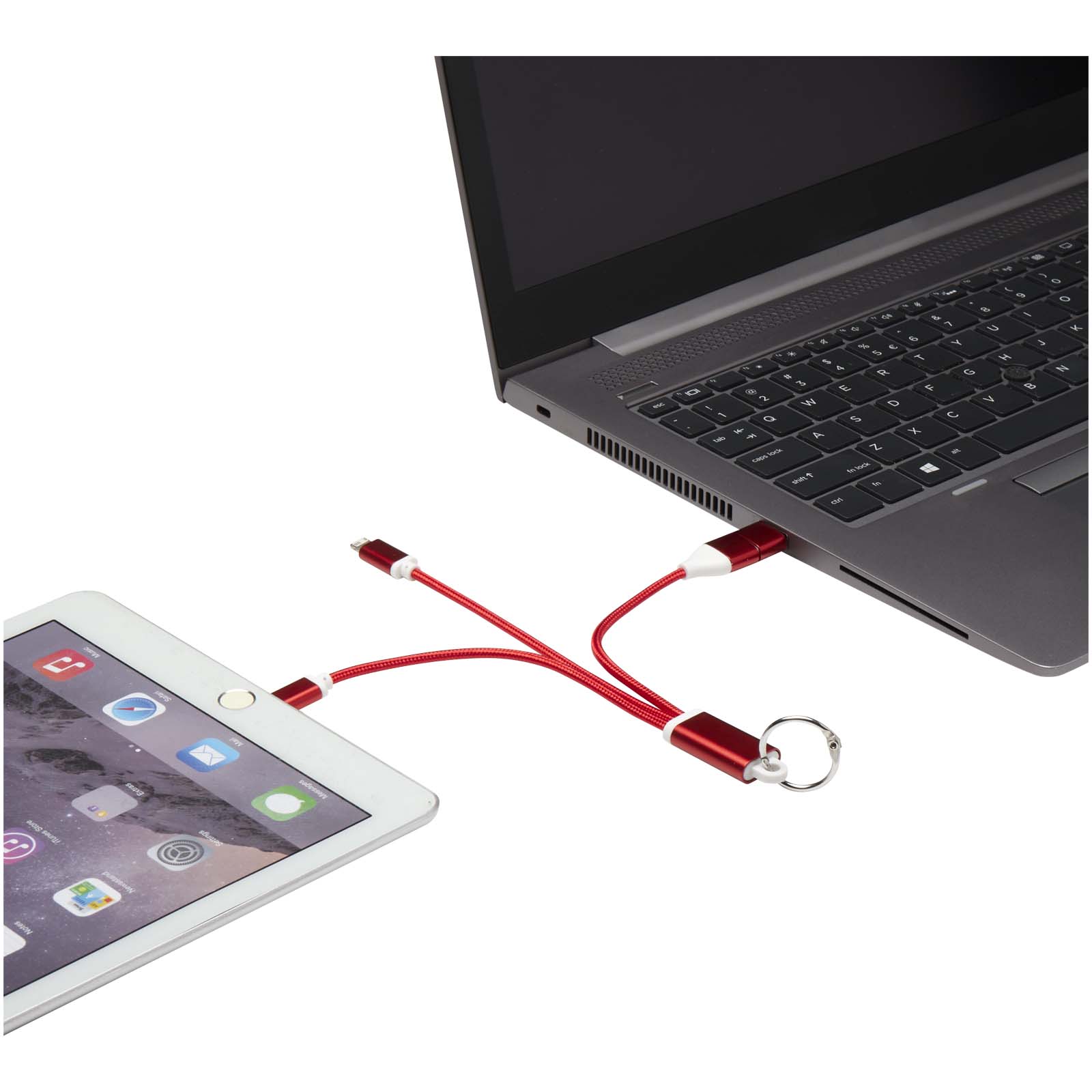Cable de carga 4 en 1 de aluminio reciclado con llavero Metal