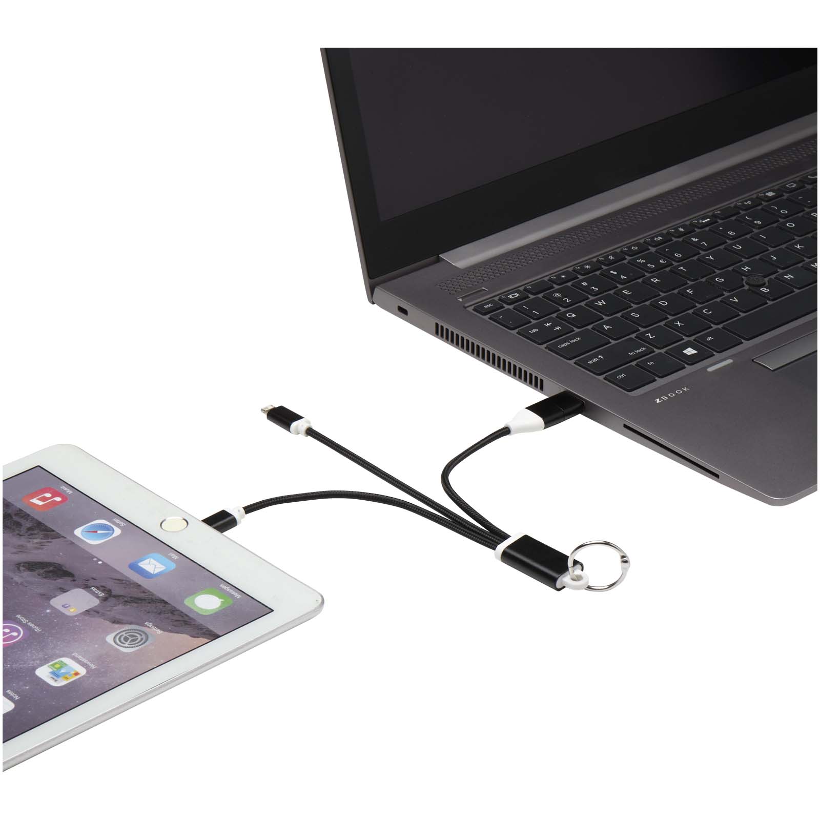 Cable de carga 4 en 1 de aluminio reciclado con llavero Metal