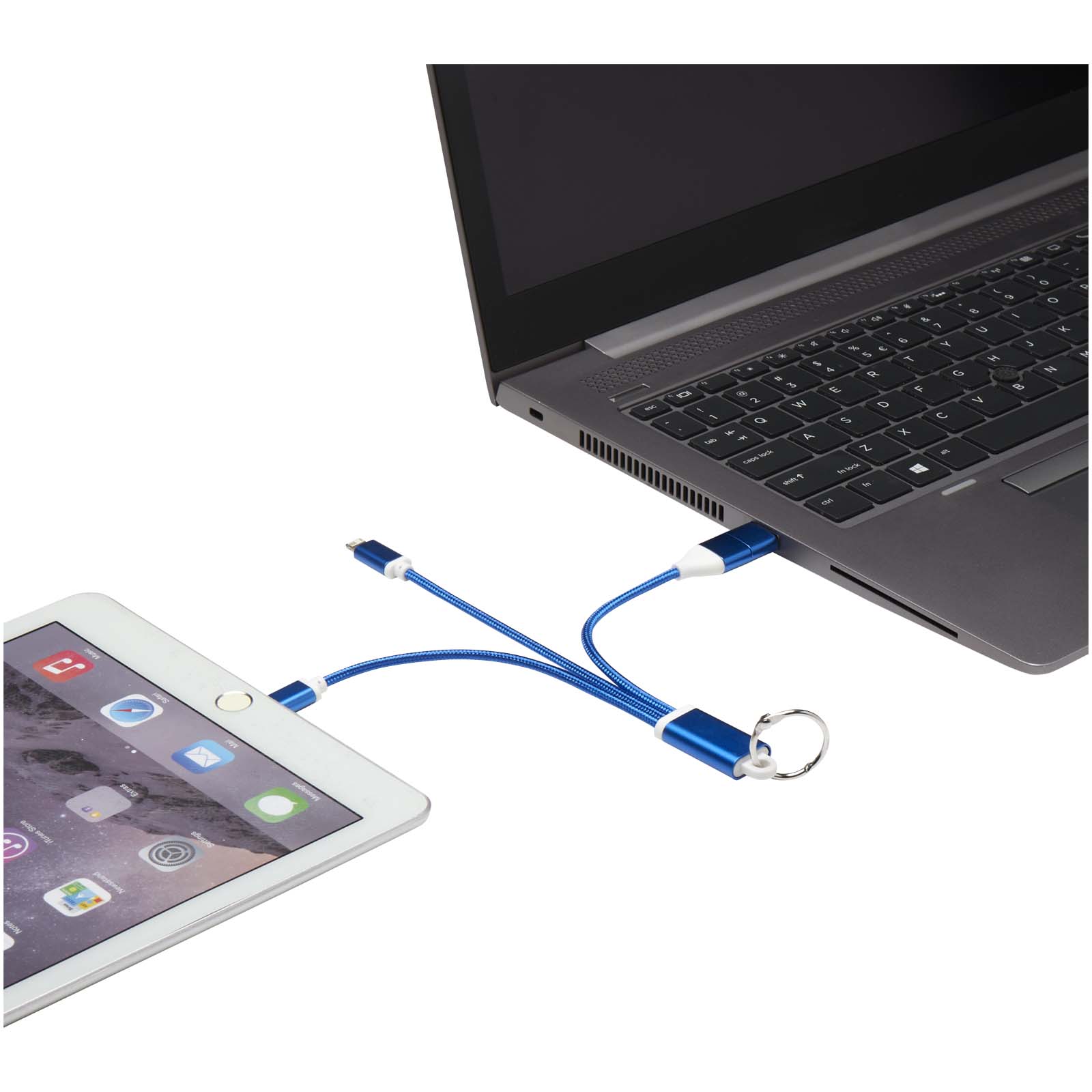 Cable de carga 4 en 1 de aluminio reciclado con llavero Metal