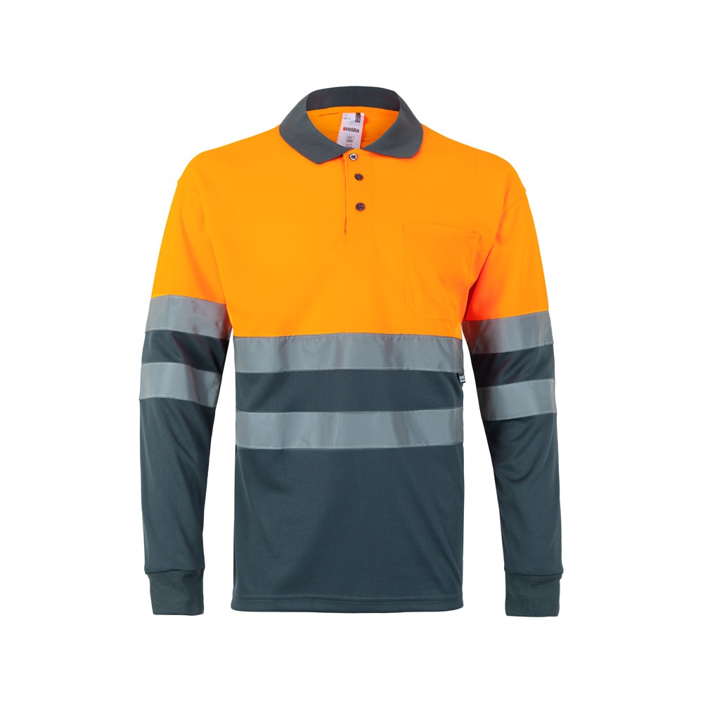 VL VULCAN. Polo bicolor ojo de pájaro (160g/m²) con manga larga, en poliéster (100%)