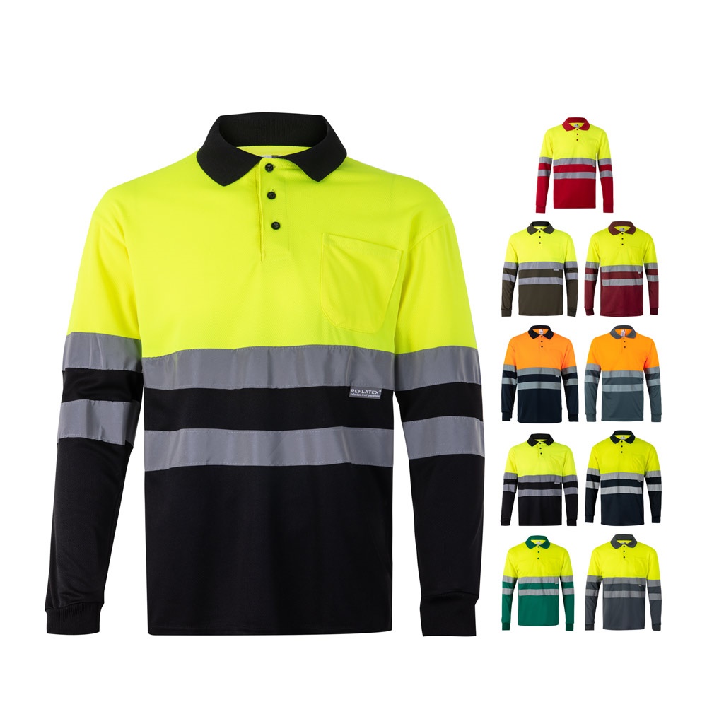 VL VULCAN. Polo bicolor ojo de pájaro (160g/m²) con manga larga, en poliéster (100%)