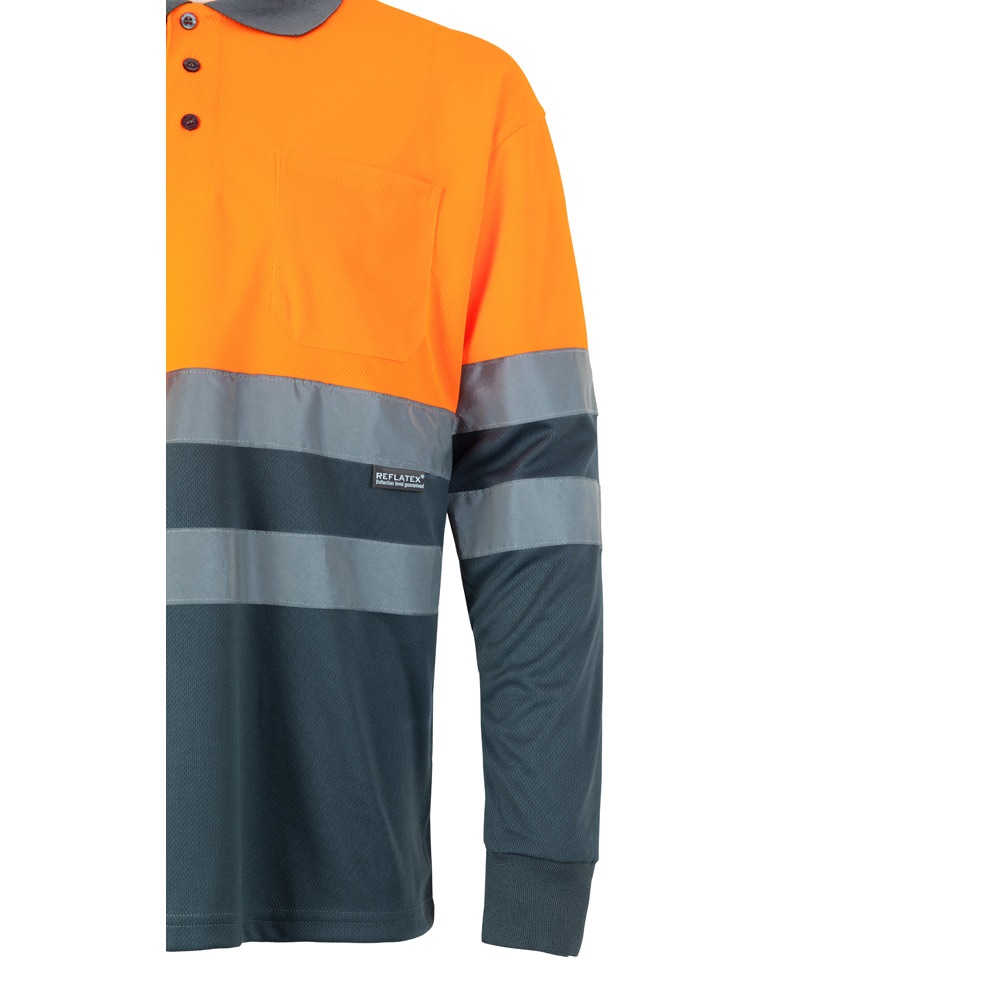 VL VULCAN. Polo bicolor ojo de pájaro (160g/m²) con manga larga, en poliéster (100%)