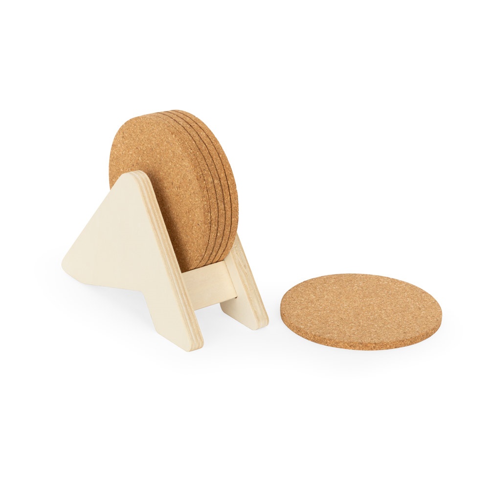 PLYCORK. Soporte de madera contrachapada con 6 posavasos de corcho