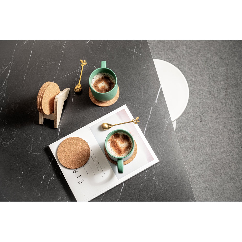 PLYCORK. Soporte de madera contrachapada con 6 posavasos de corcho