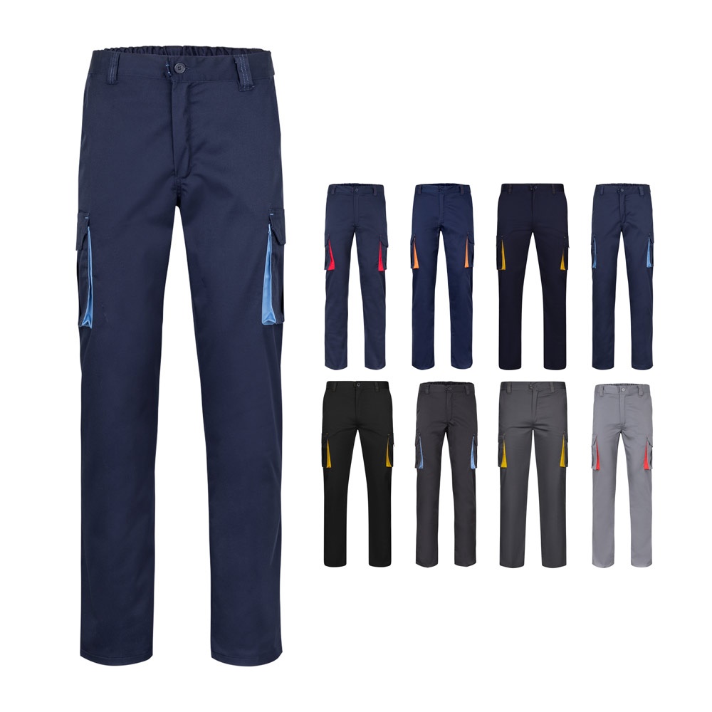 VL FIDES. Pantalón elástico bicolor multibolsillos (240g/m²), en algodón (46%), EME (38%) y poliéster (16%)