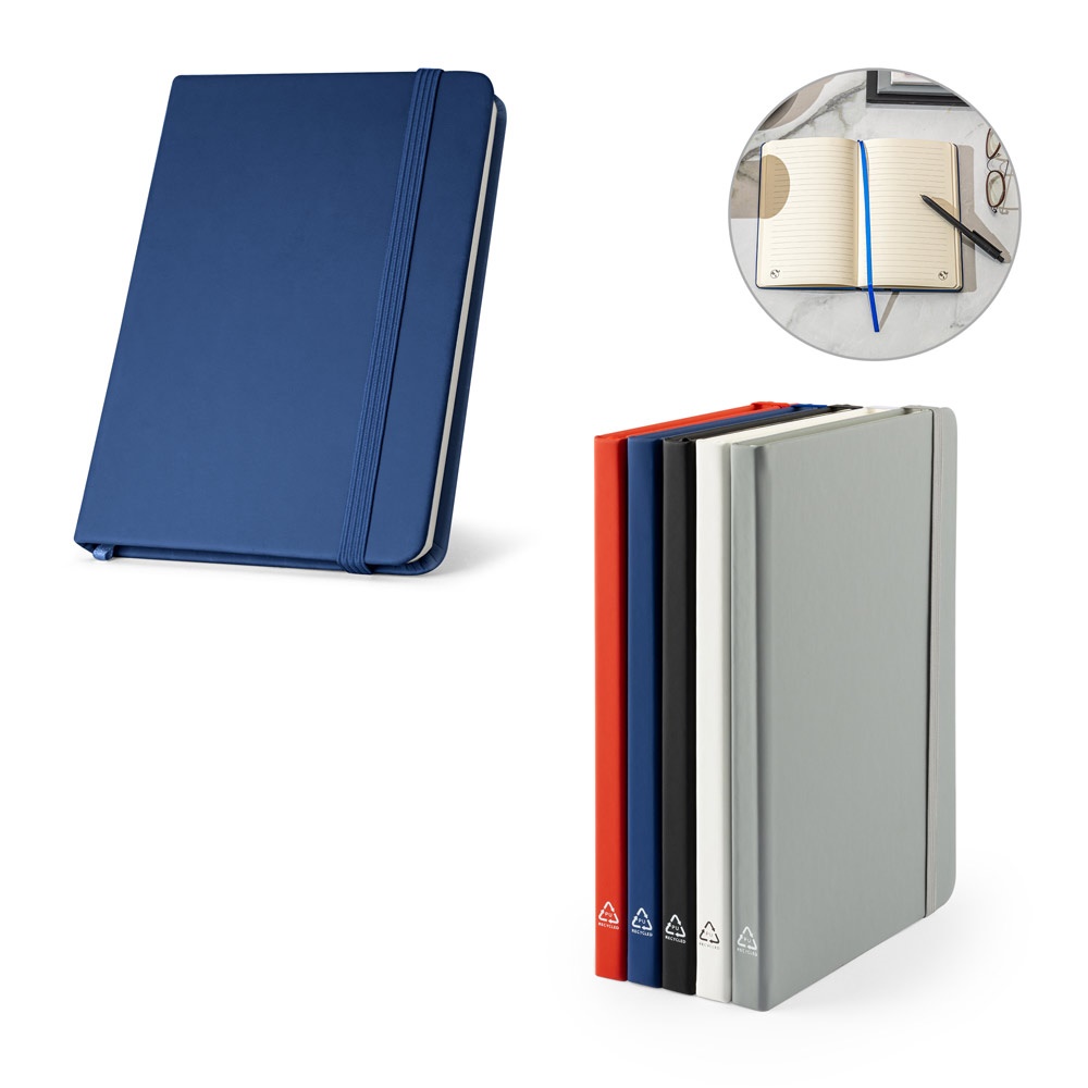 CAMPUS. Cuaderno A5 de tapa dura en PU (35% reciclado) con páginas rayadas 100% reciclado