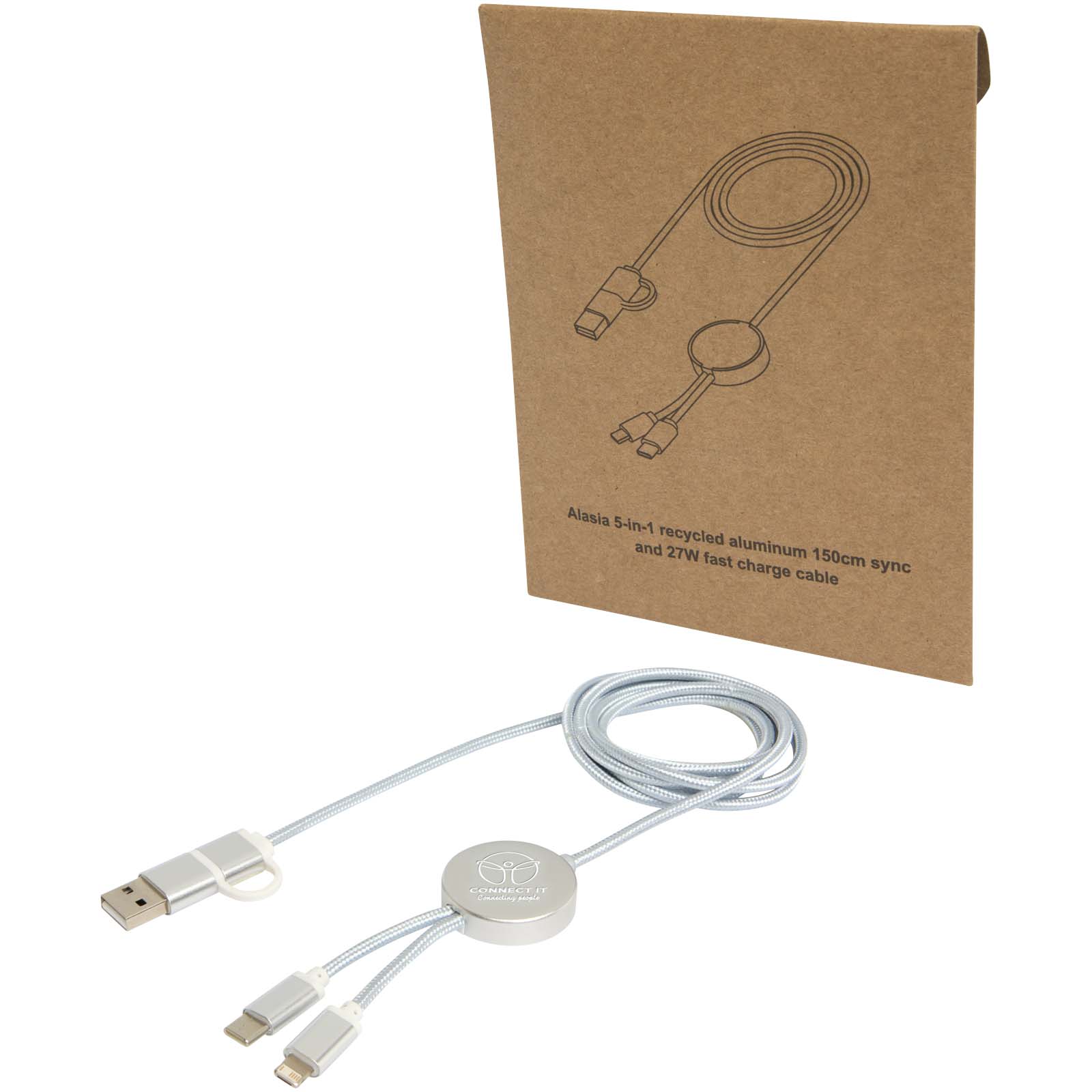 Cable 5 en 1 de aluminio y plástico reciclado de 150 cm para sincronización de datos y carga rápida de 27 W Alasia
