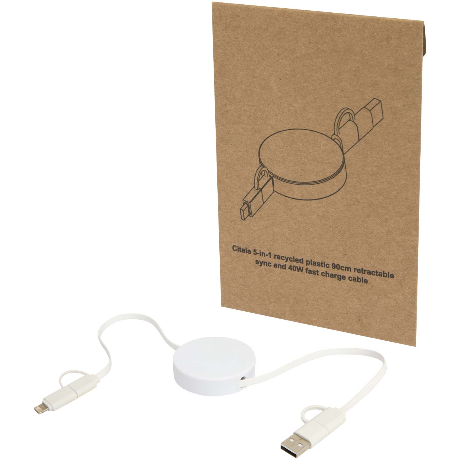 Cable retráctil 5 en 1 de plástico reciclado de 90 cm para sincronización de datos y carga rápida de 40 W Citala