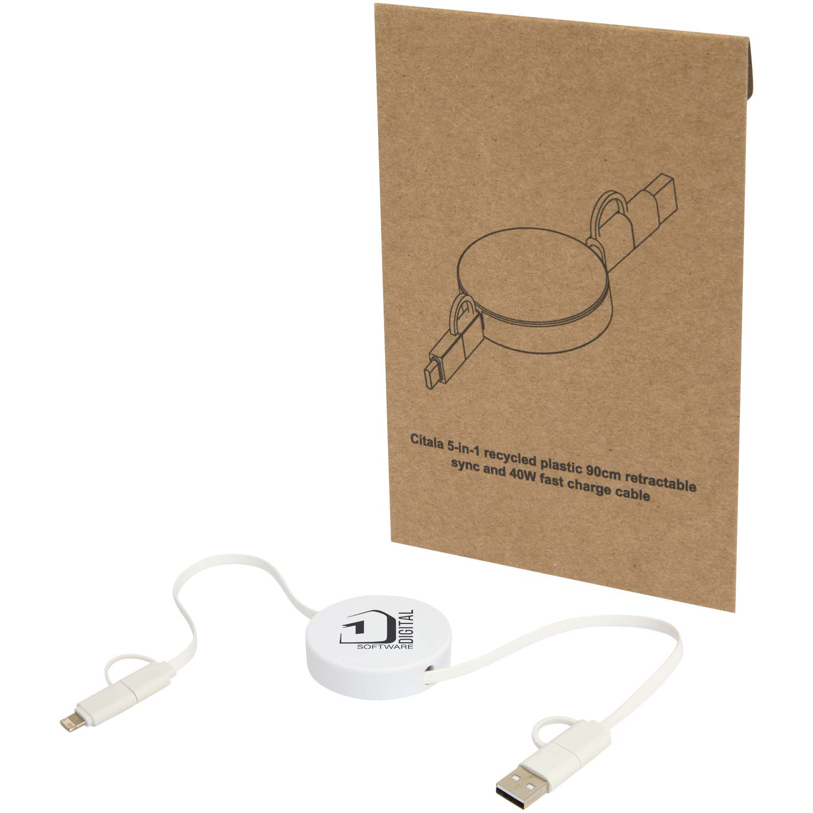 Cable retráctil 5 en 1 de plástico reciclado de 90 cm para sincronización de datos y carga rápida de 40 W Citala