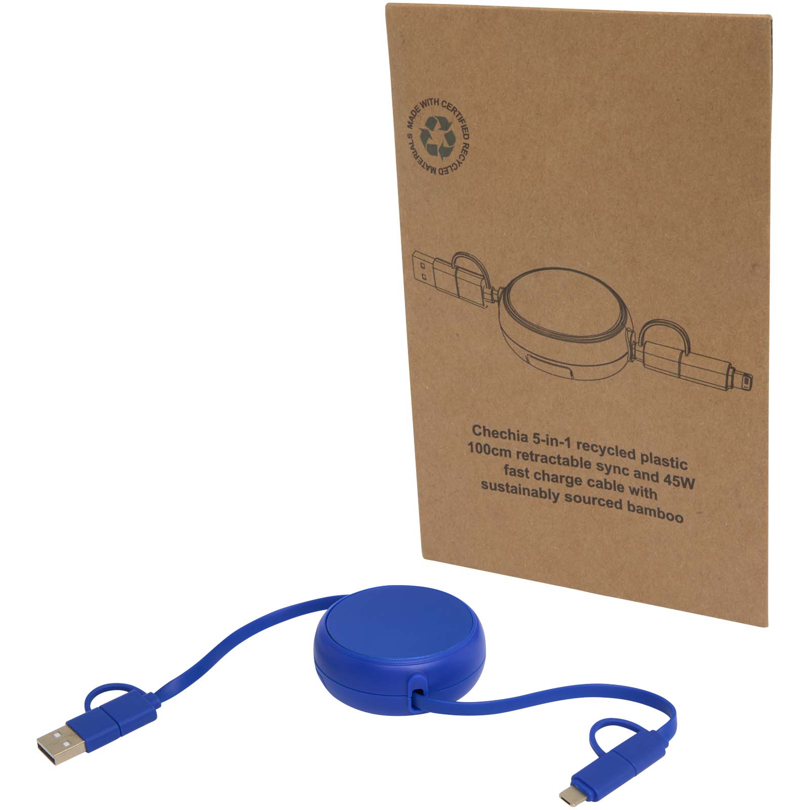 Cable retráctil 5 en 1 de 100 cm de plástico reciclado y aluminio para sincronización de datos y carga rápida de 45 W Alasia
