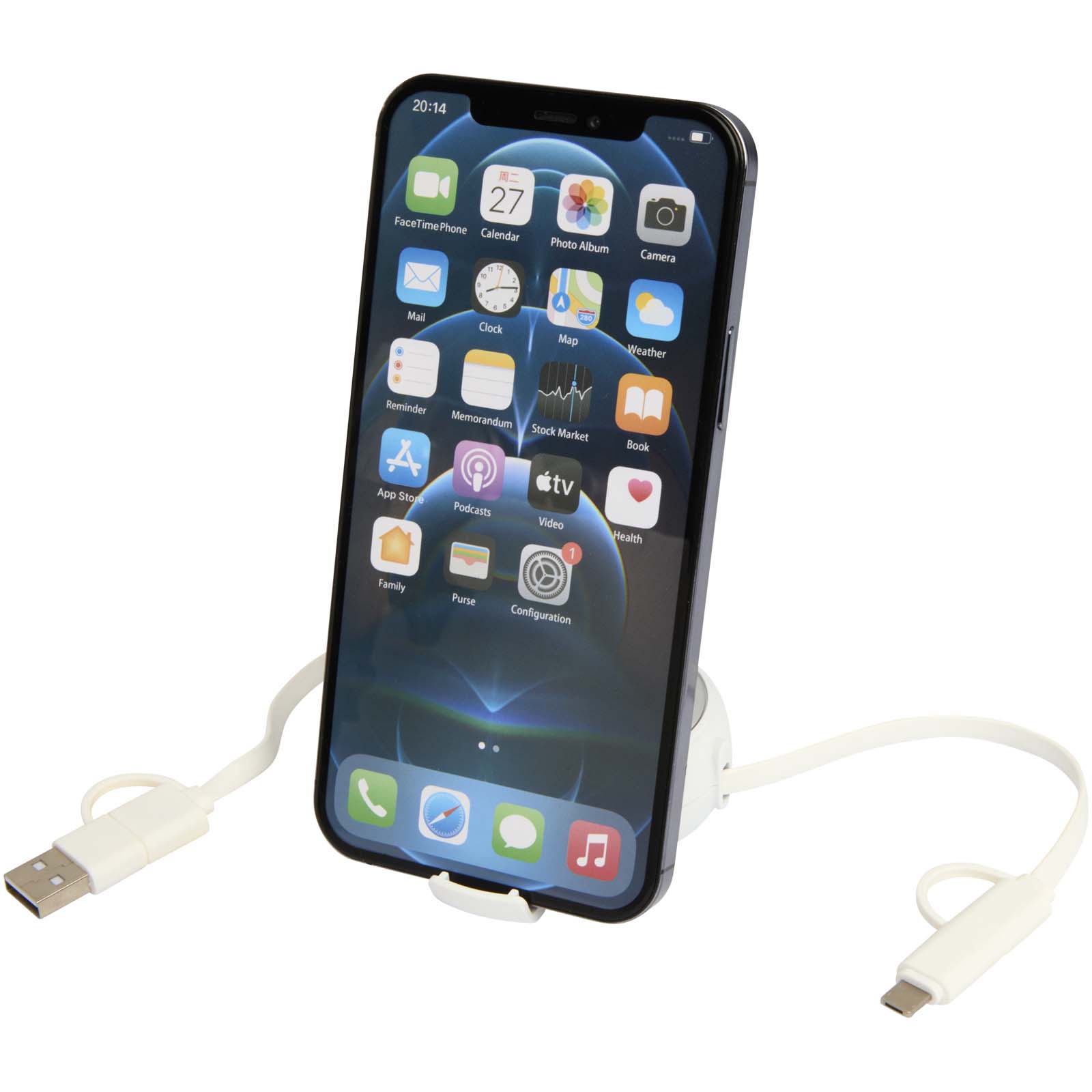 Cable retráctil 5 en 1 de 100 cm de plástico reciclado y aluminio para sincronización de datos y carga rápida de 45 W Alasia