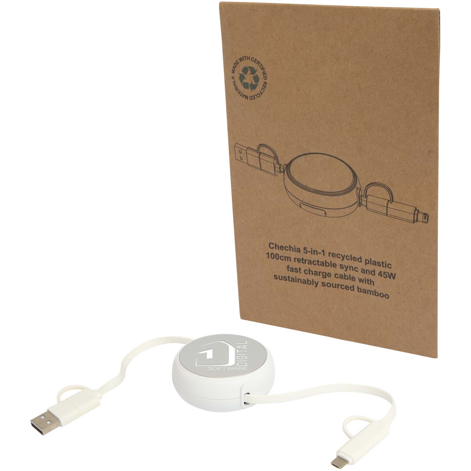 Cable retráctil 5 en 1 de 100 cm de plástico reciclado y aluminio para sincronización de datos y carga rápida de 45 W Alasia