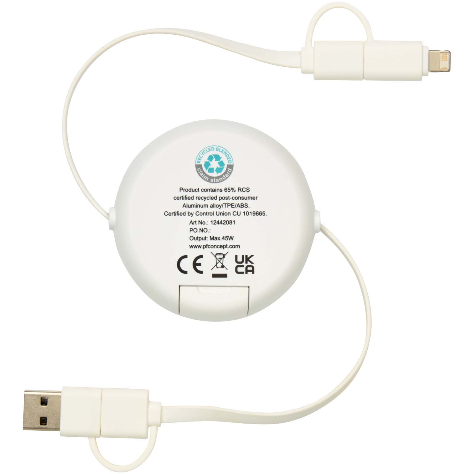 Cable retráctil 5 en 1 de 100 cm de plástico reciclado y aluminio para sincronización de datos y carga rápida de 45 W Alasia