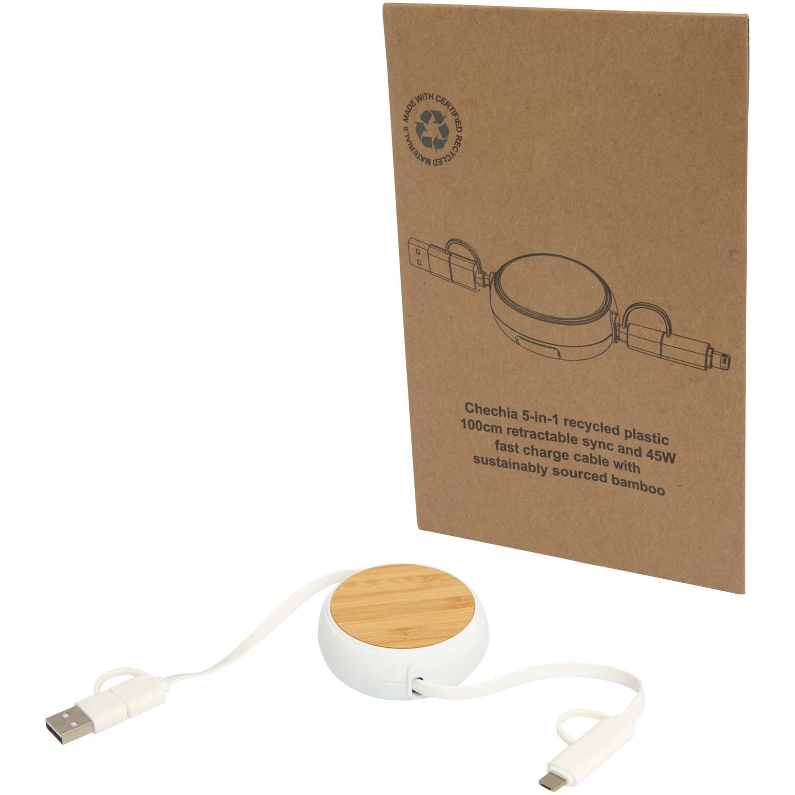 Cable retráctil 5 en 1 de plástico reciclado de 100 cm para sincronización de datos y carga rápida de 45 W con detalles de bambú Chechia