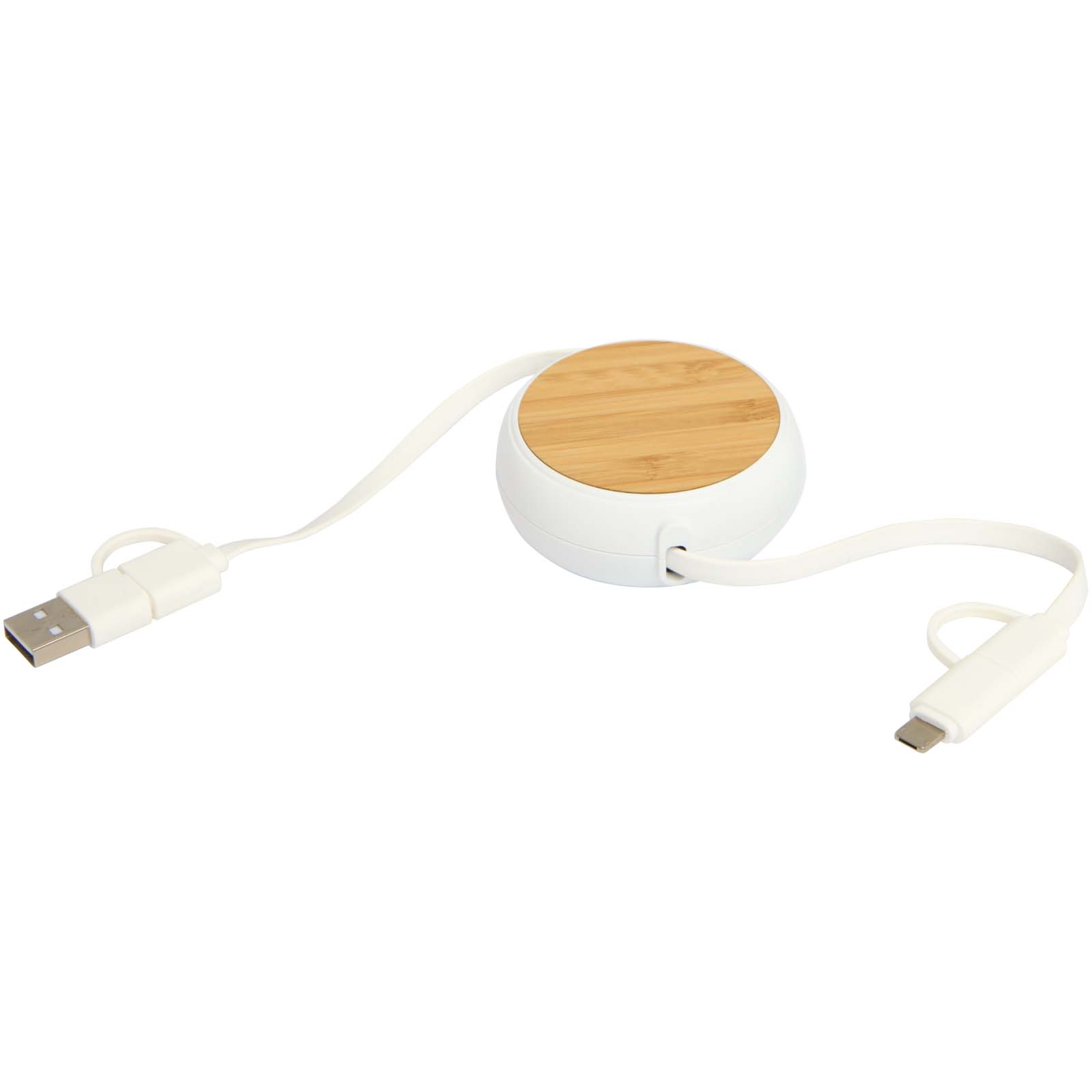 Cable retráctil 5 en 1 de plástico reciclado de 100 cm para sincronización de datos y carga rápida de 45 W con detalles de bambú Chechia